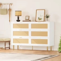 WhizMax Rattan 6 Drawer Dresser, Wooden Chest Of Drawers With Metal Legs And Handles, Wide Double Drawer Dresser For Bedroom, Living Room, Natural -Home Decor Store GUEST fd9dbb04 90e9 40e5 bf4b 485c716d14b8